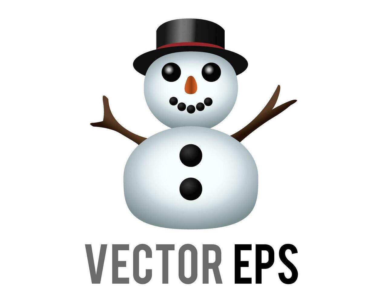 Vector classic snowman made from two large snowballs icon, arms, top hat, carrot nose, coal eyes