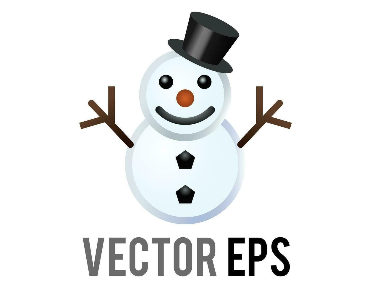 Vector classic snowman made from two large snowballs icon, arms, top hat, carrot nose, coal eyes