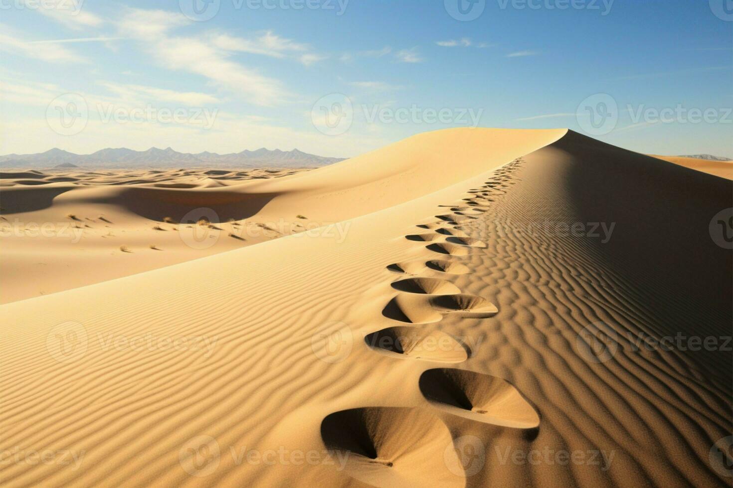 naturalezas huellas en un sereno arena duna, un tranquilo visión ai generado foto