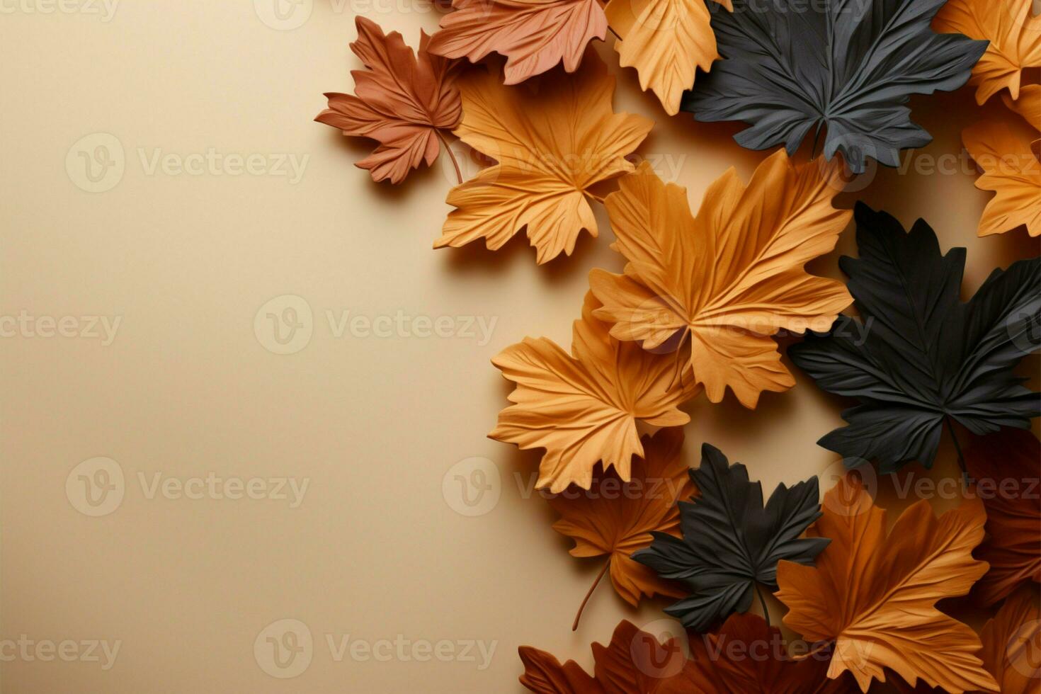 Autumn leaves in a top down pattern on a soft brown background AI Generated photo