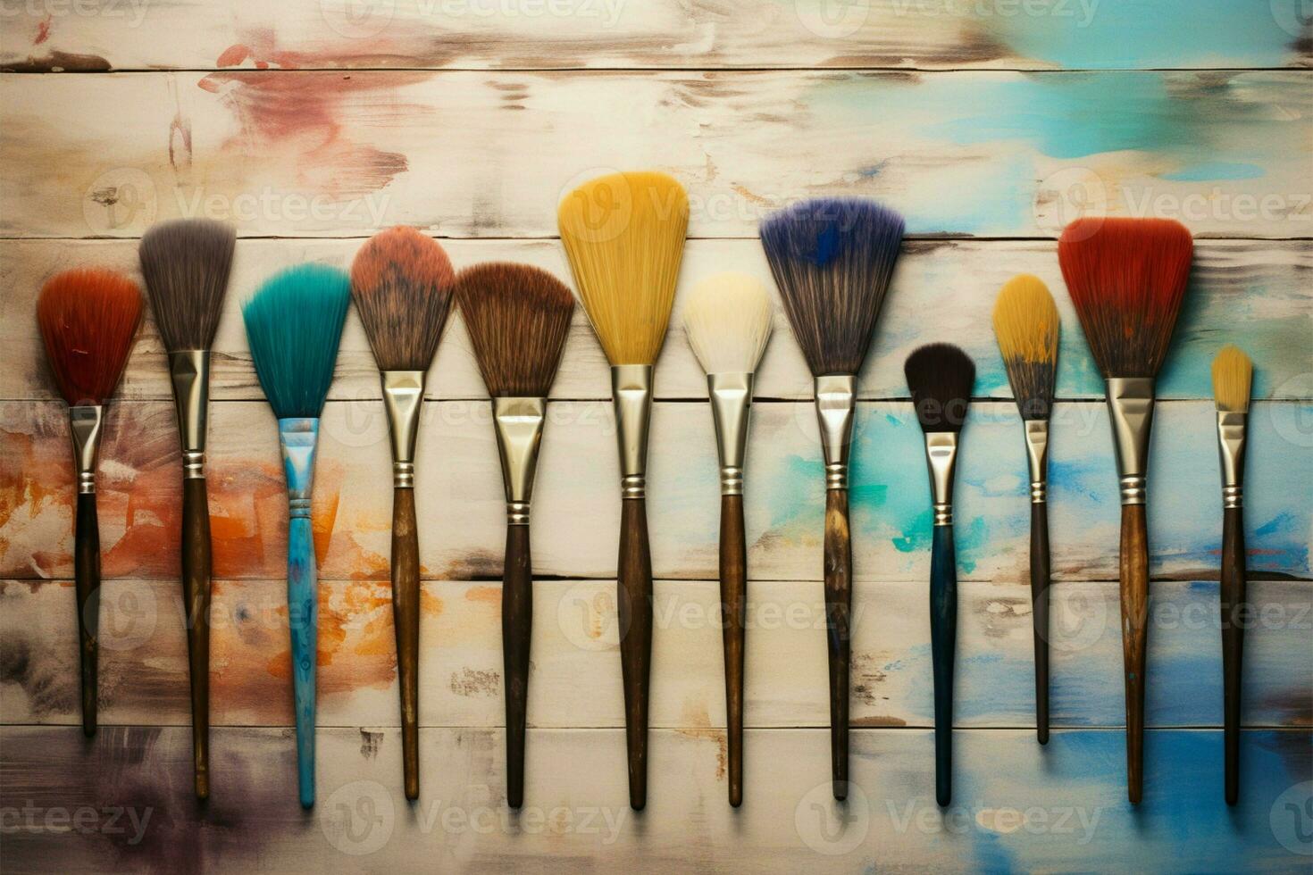 Artistic readiness Watercolor brushes on textured wood with room for text AI Generated photo