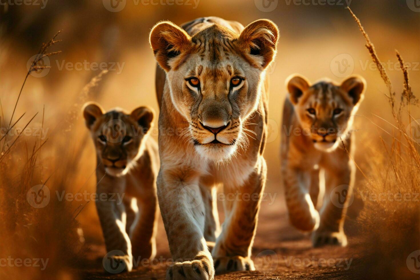 Lioness and lion cubs journey through the savannah, wild and free AI Generated photo