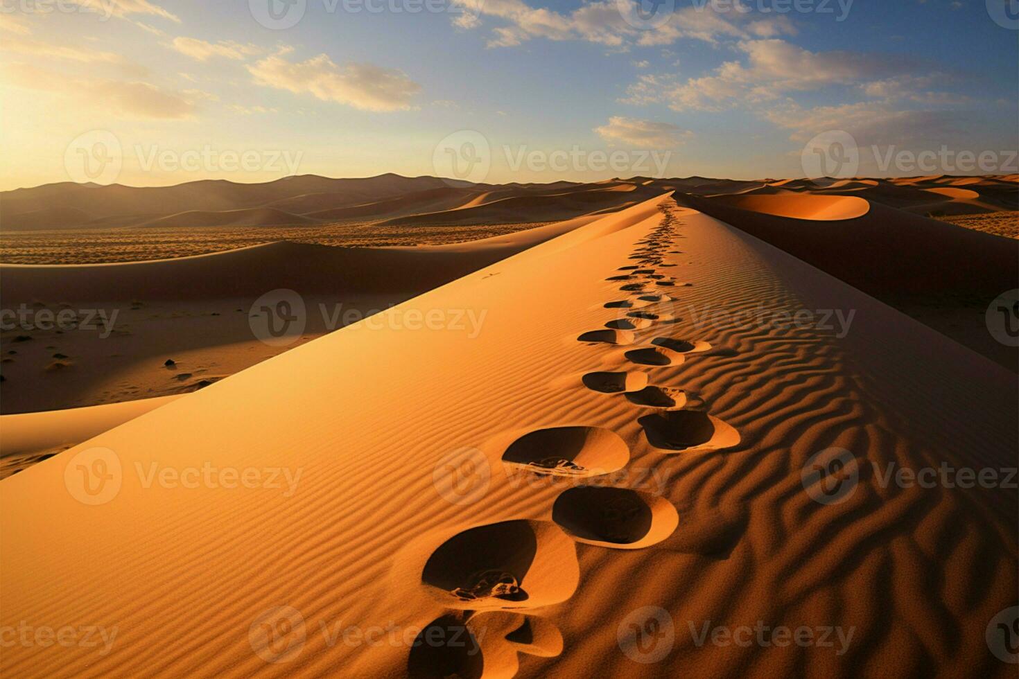 Footprints tell the story of natures visit on a sand dune AI Generated photo