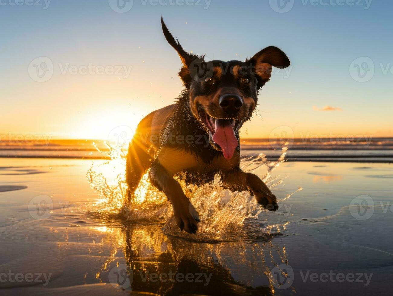 Happy dog playing on the beach AI Generative photo