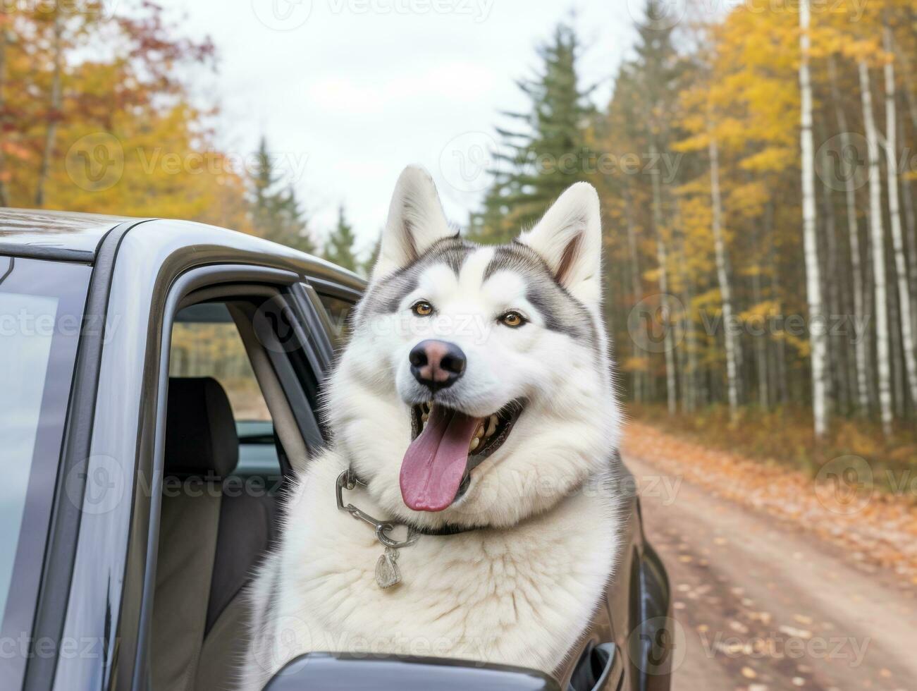 Happy dog riding in a car with its head out the window AI Generative photo