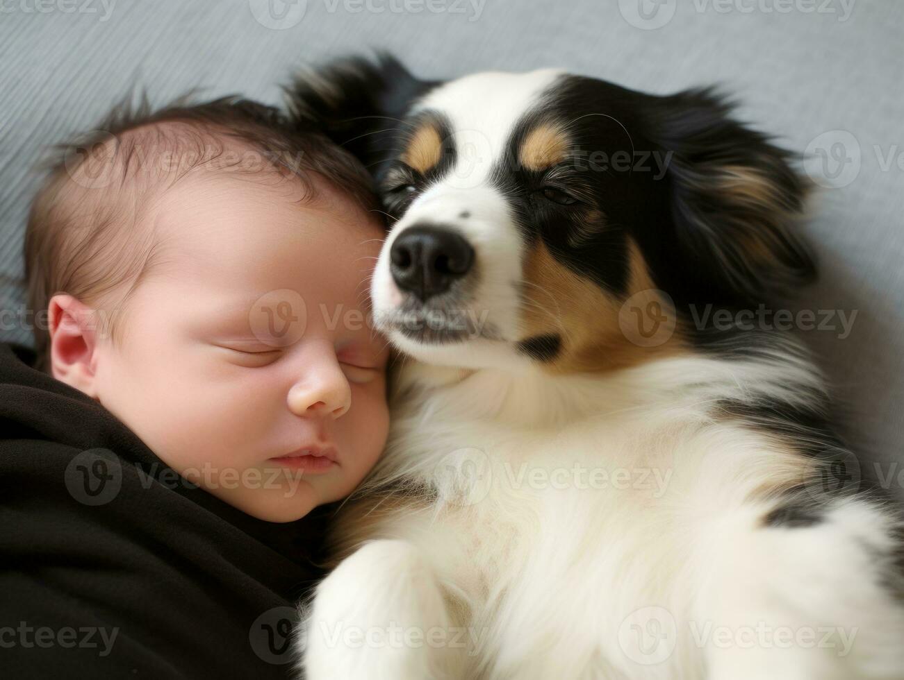 Loving dog nuzzling a newborn baby in a crib AI Generative photo