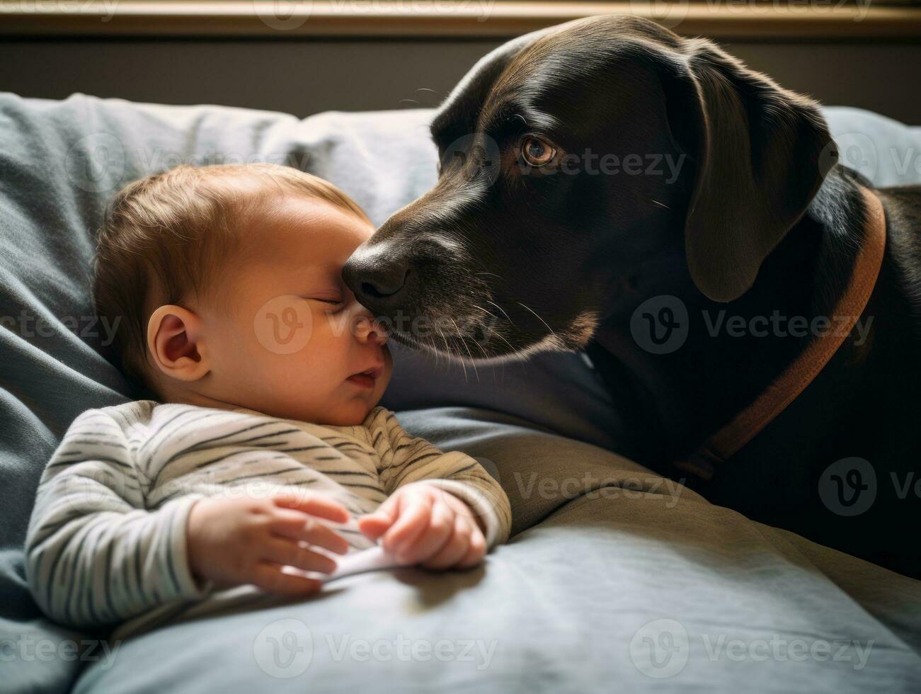 Loving dog nuzzling a newborn baby in a crib AI Generative photo