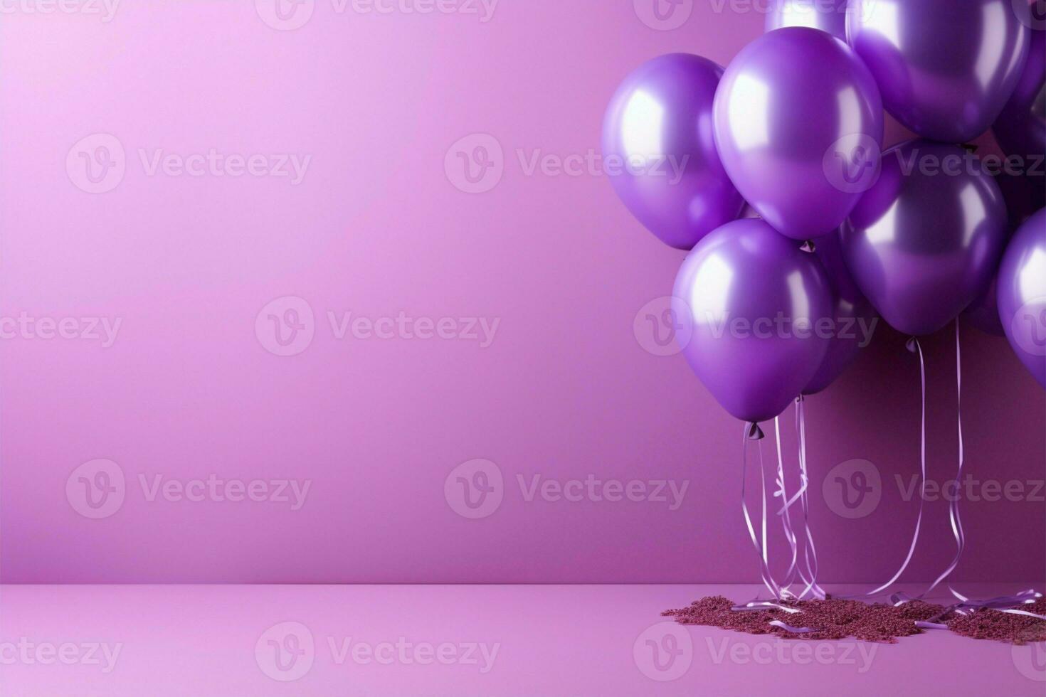 Purple balloons on matching background with space for text and banner AI Generated photo