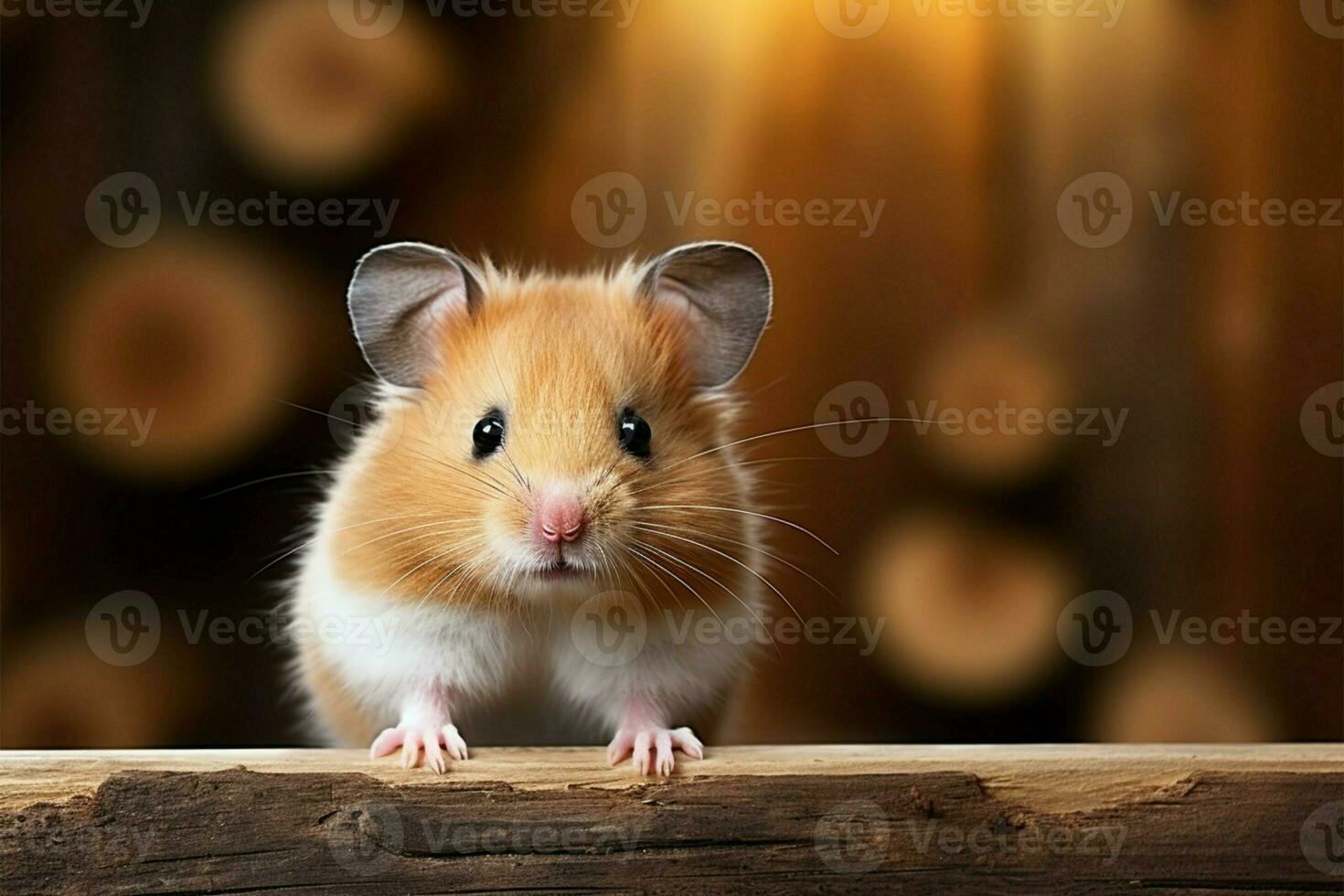 Adorable hamster close up, fluffy cheeks, whiskers, textured rustic wooden background AI Generated photo