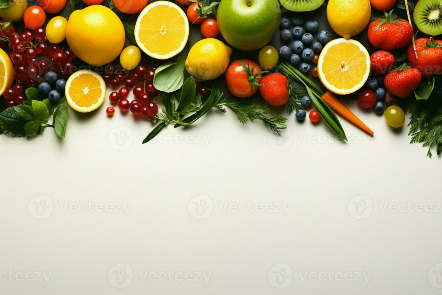 Minimalist fruit and vegetable frame, vivid on a bright white canvas AI Generated photo