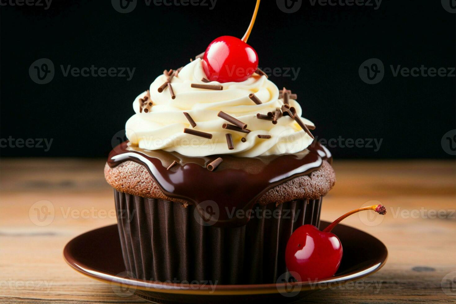 Chocolate cupcake adorned with a luscious red cherry on top AI Generated photo