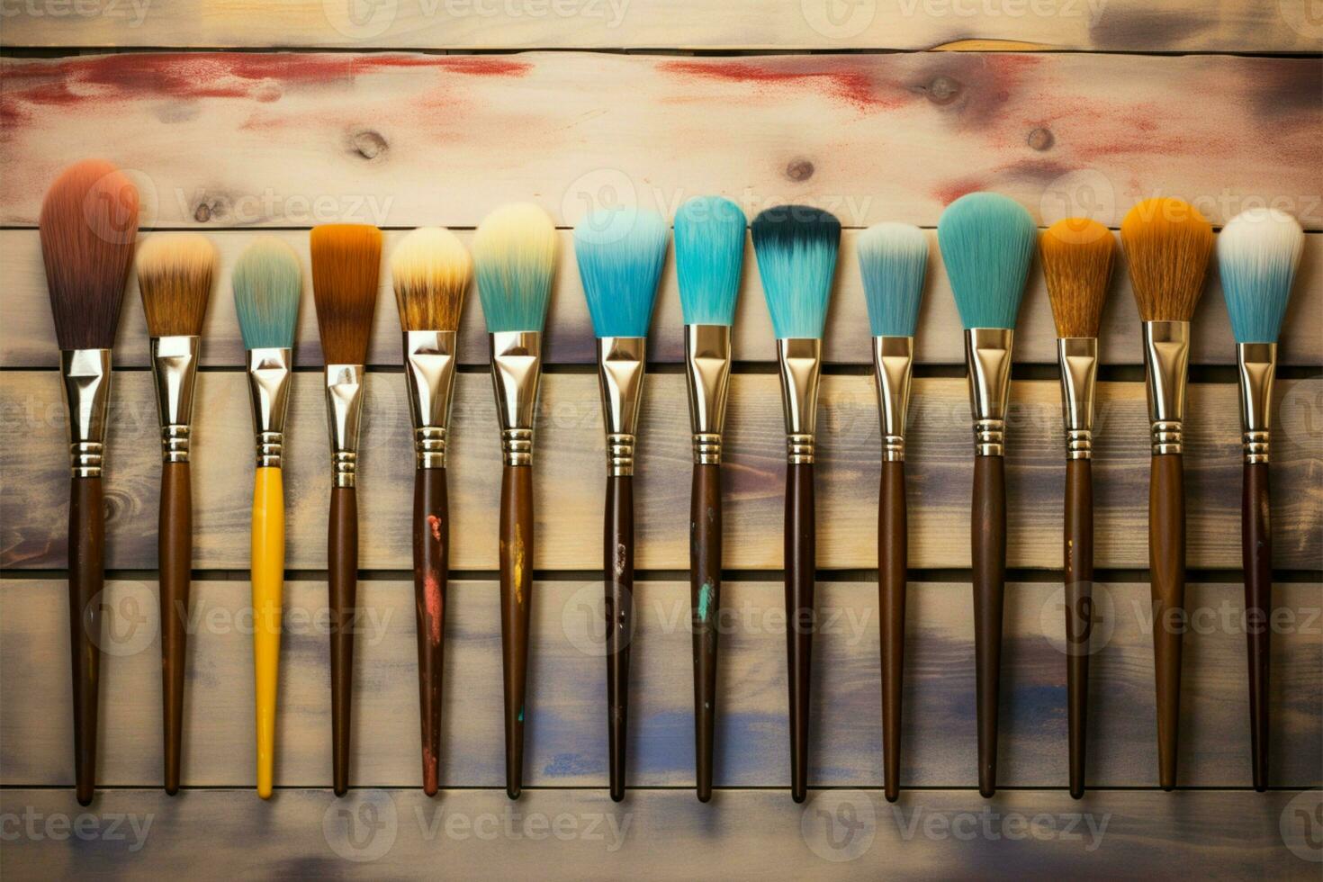 Artistic serenity Watercolor brushes neatly arranged on textured wooden surface AI Generated photo