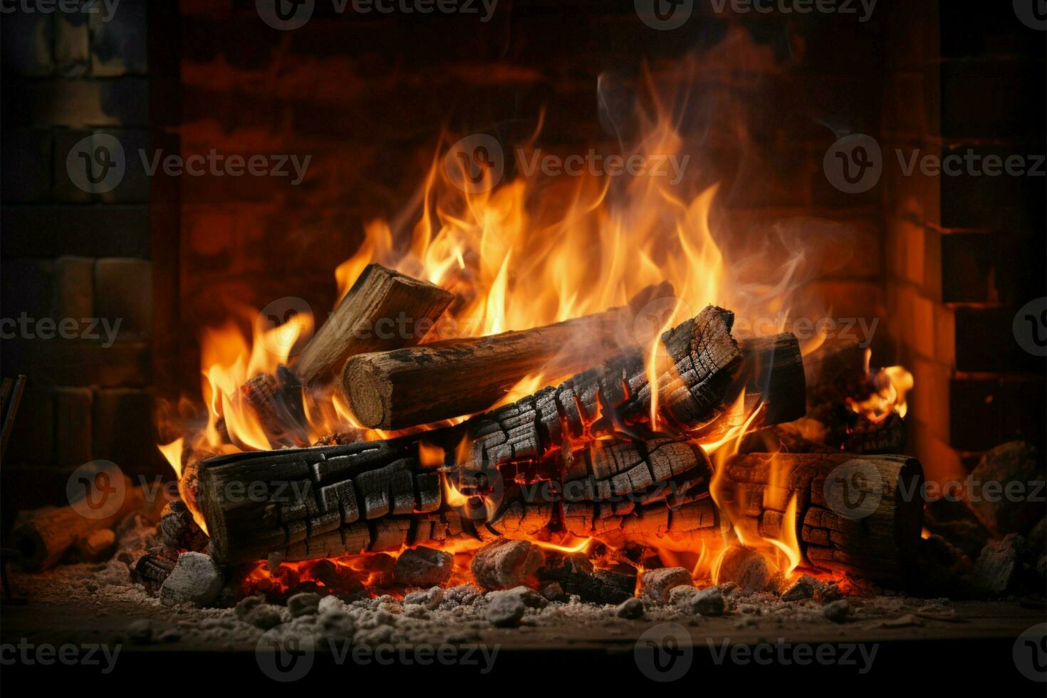 Burning wood within a brick stove yields flames and ashen remnants AI Generated photo
