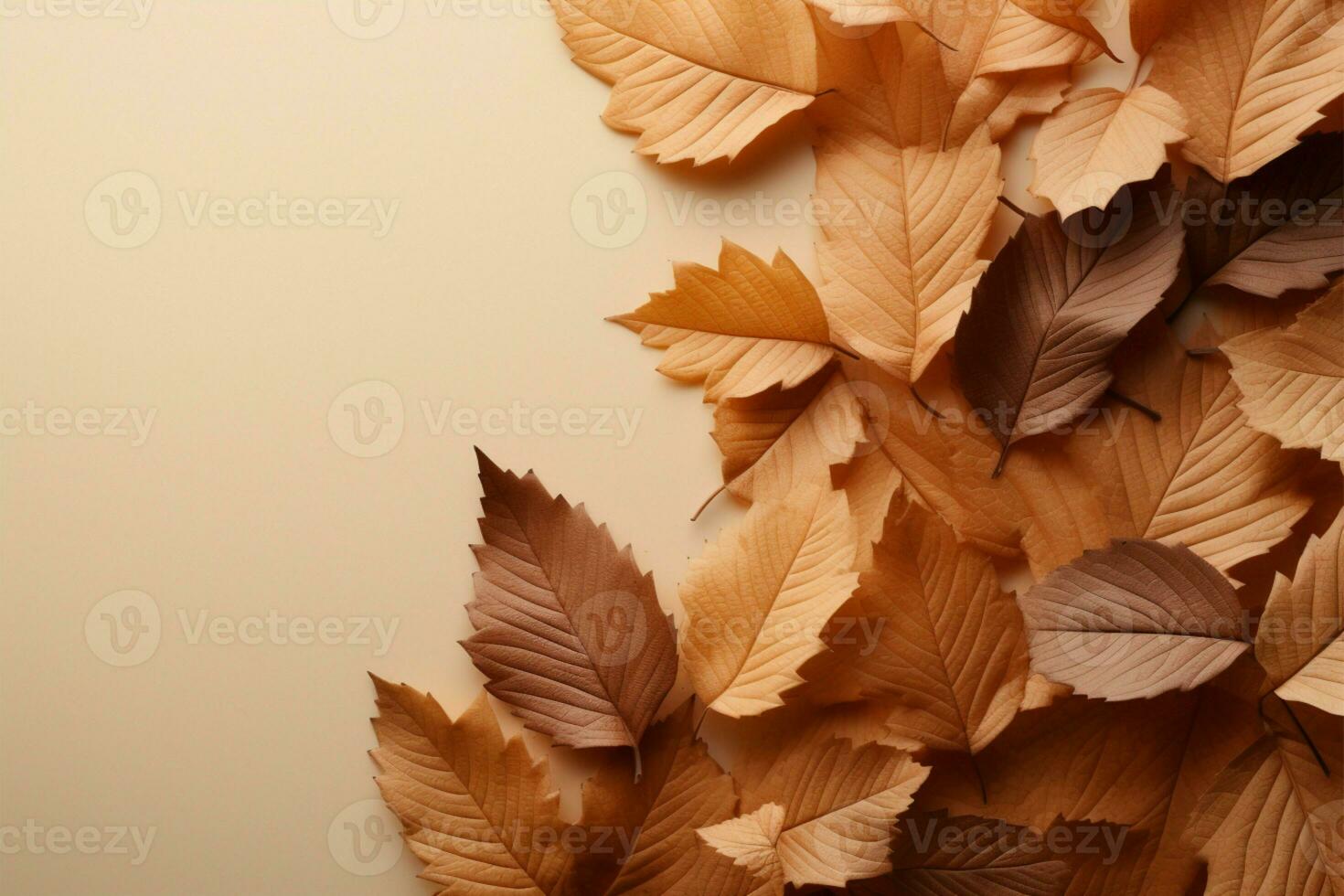 Minimalism top view of autumn leaves pattern on soft brown AI Generated photo
