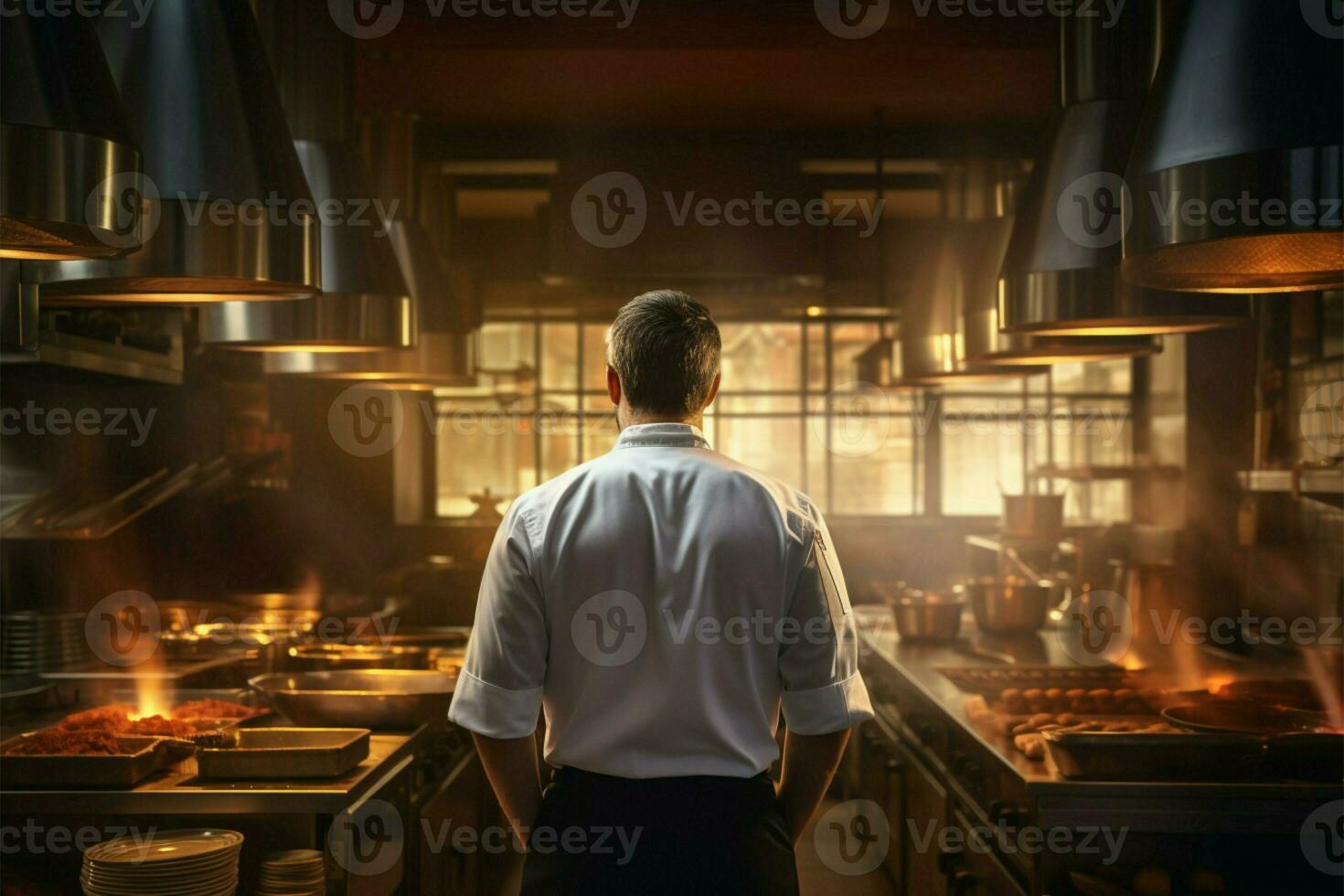 confidente masculino cocinero soportes en moderno cocina, visto desde detrás ai generado foto