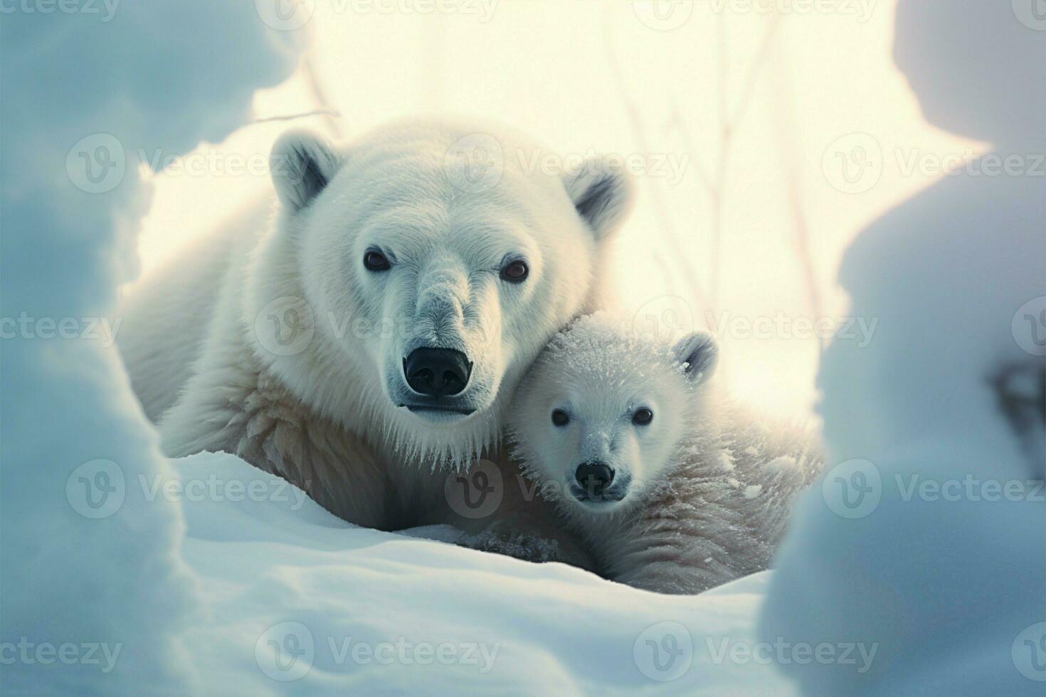 Heartwarming scene of a polar bear mother and cub in snowy embrace AI Generated photo