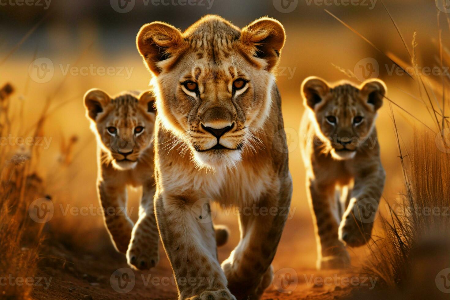 In the wilderness, lioness and cubs tread the savannah path AI Generated photo