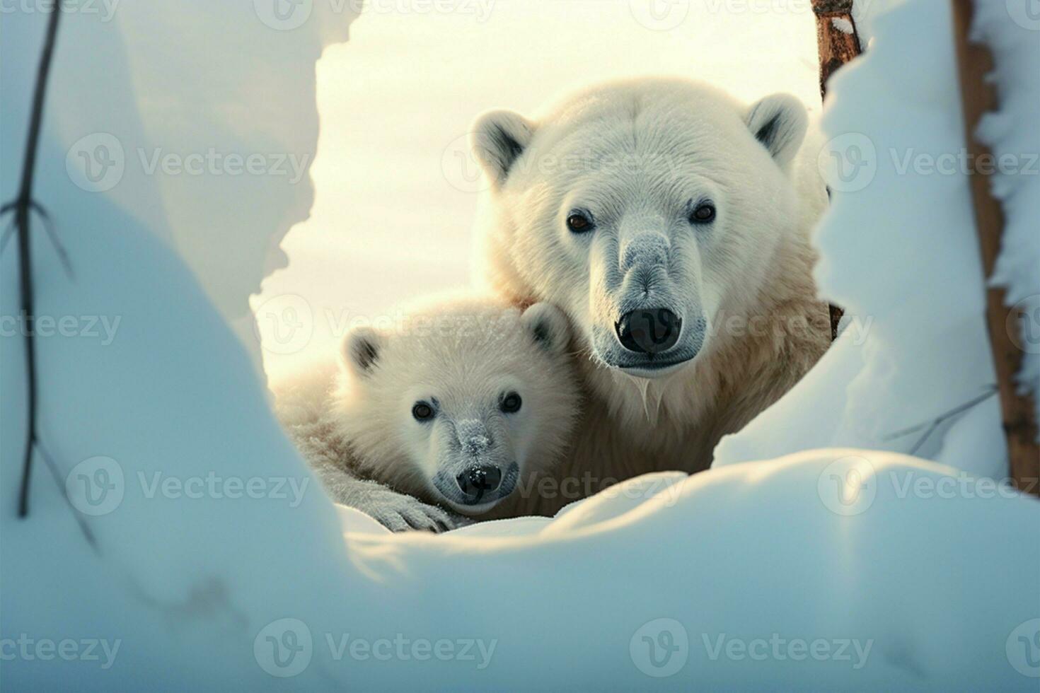 Polar bear mother and cub share a heartwarming moment in a snowy den AI Generated photo