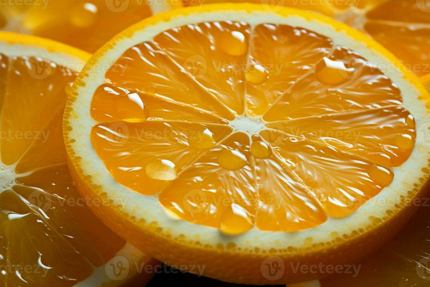 Freshly cut orange slices, juicy texture, vibrant citrus color close up AI Generated photo