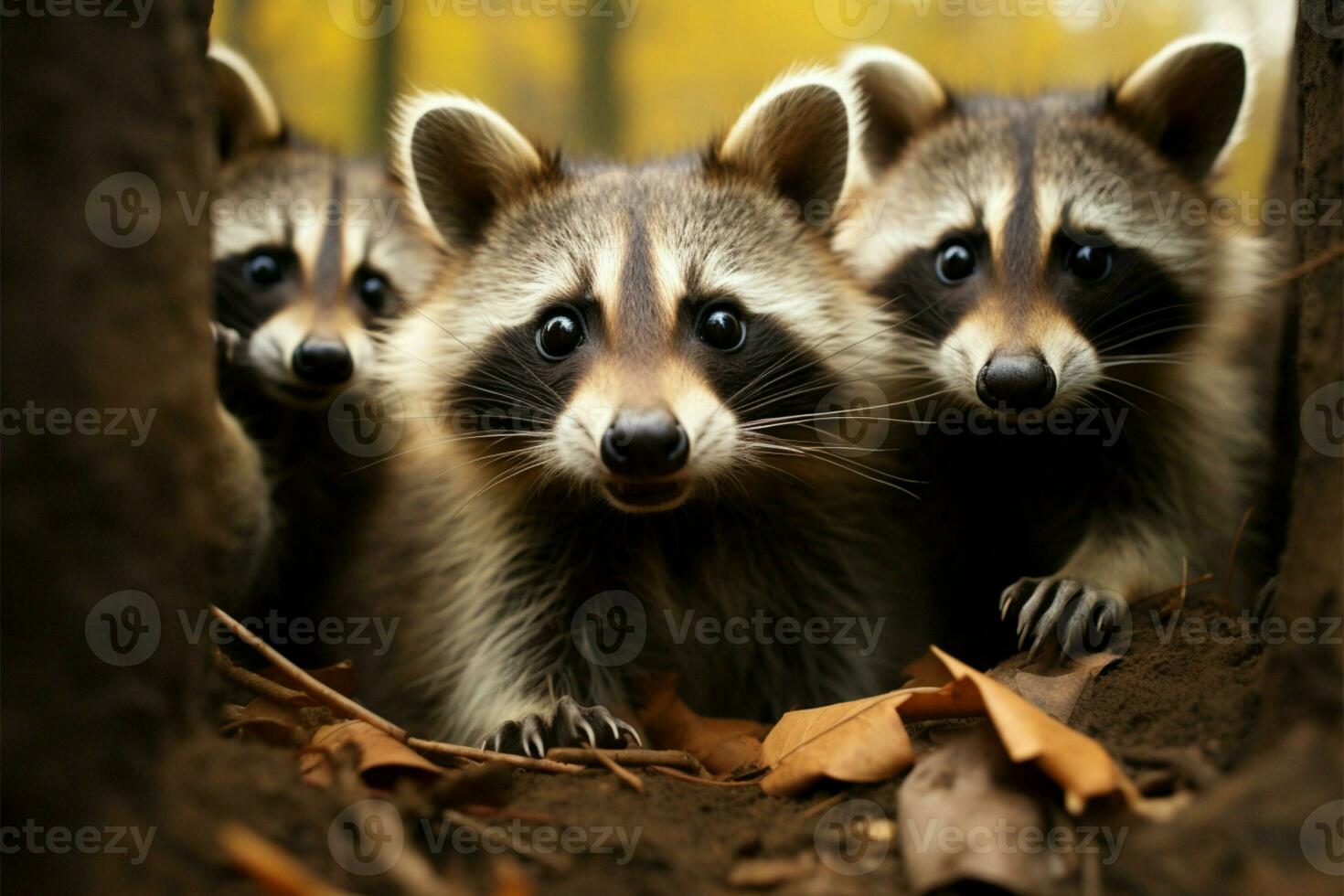 Natures comedians funny raccoons in a bustling autumn forest AI Generated photo