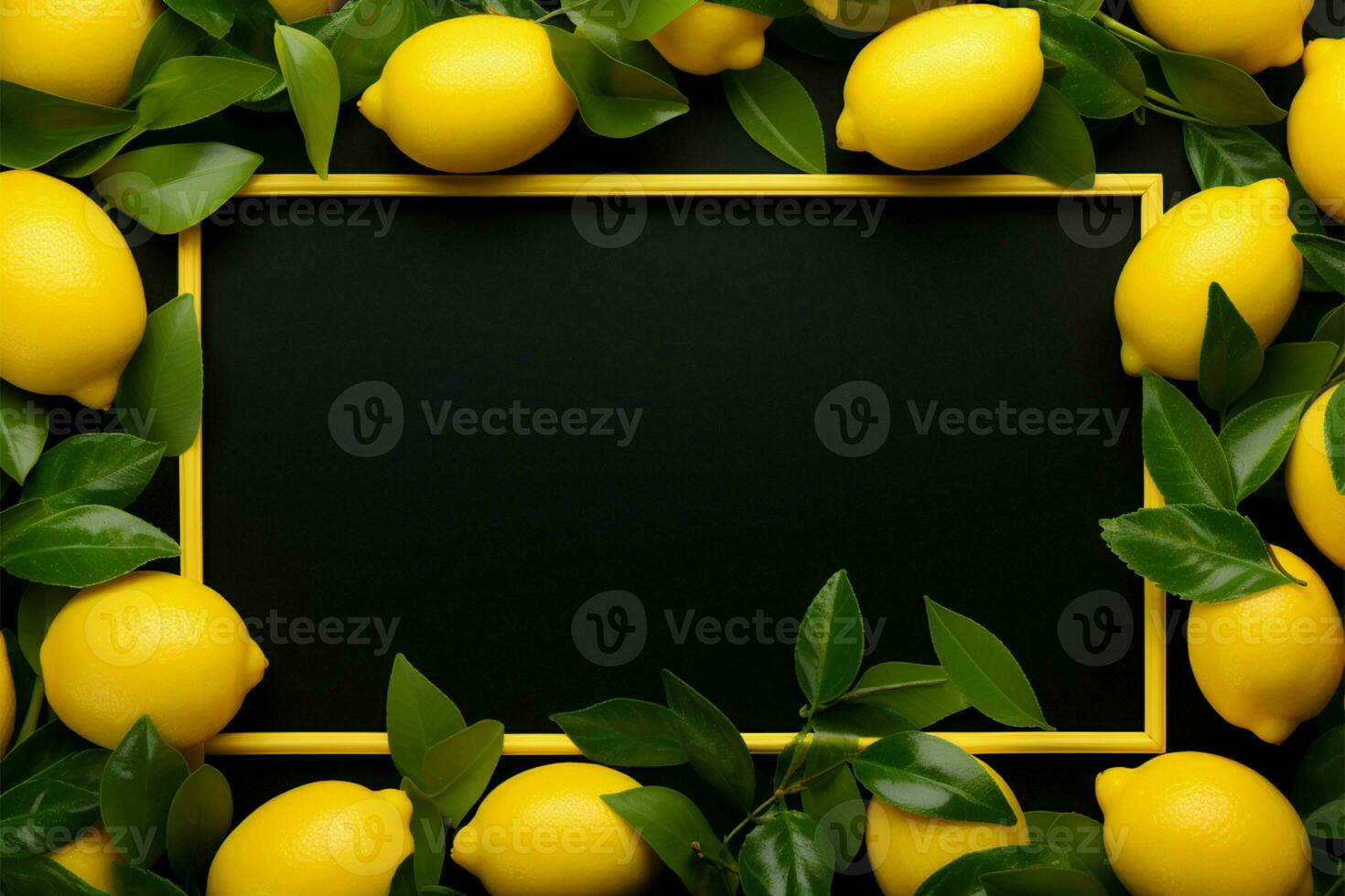 Lemon photo frame, vibrant yellow sides, set against a black background AI Generated