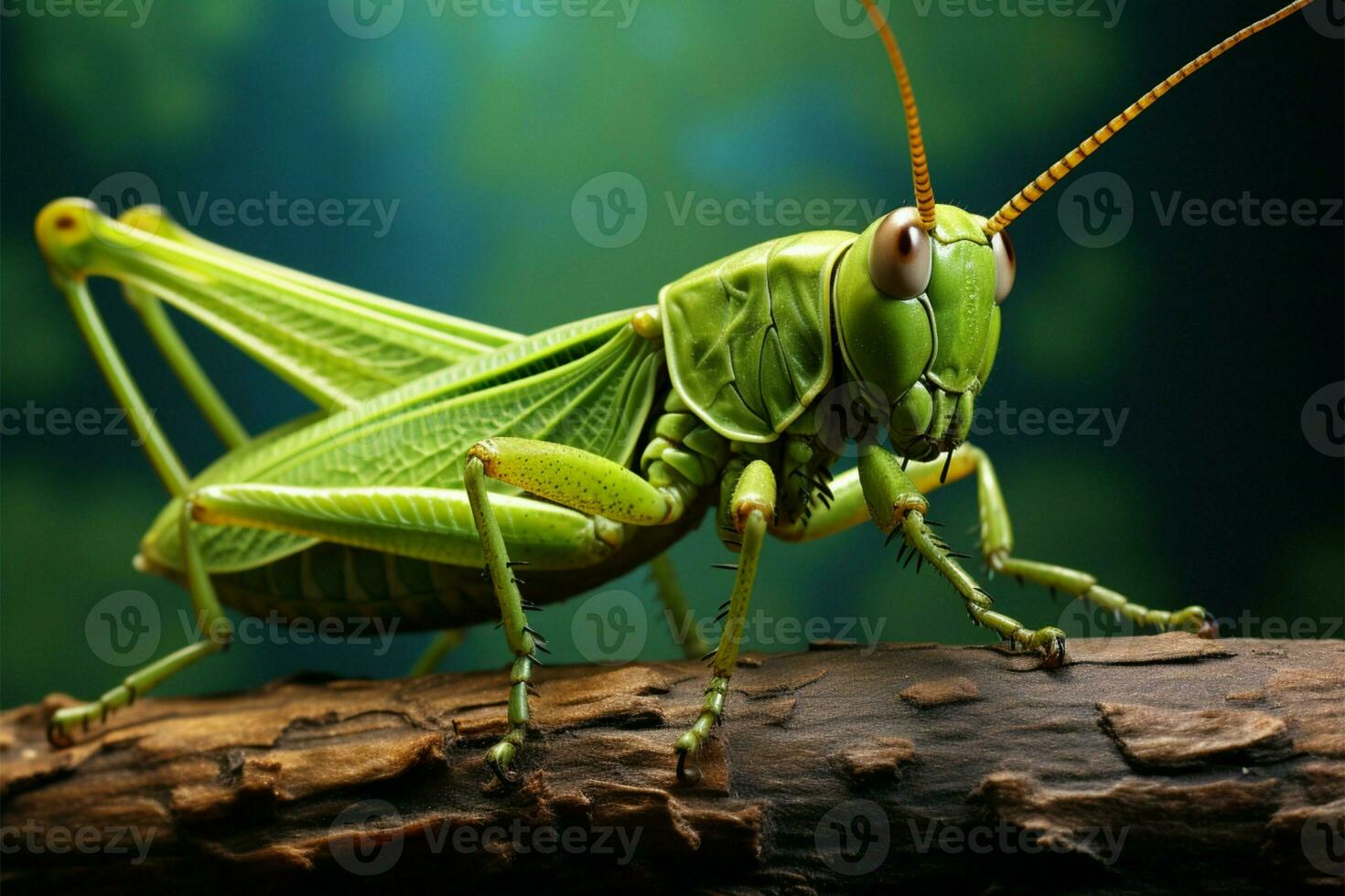 Lively green grasshopper on textured leaf, with text friendly space AI Generated photo
