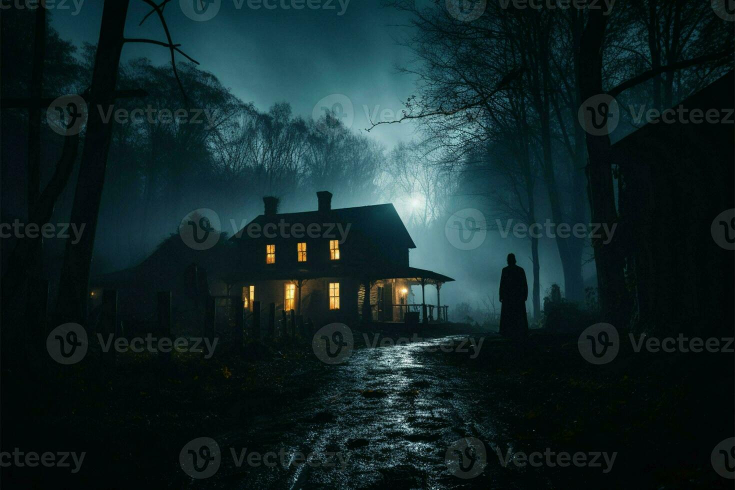 Haunted houses sinister ambiance, with lurking ghost and eerie windows AI Generated photo