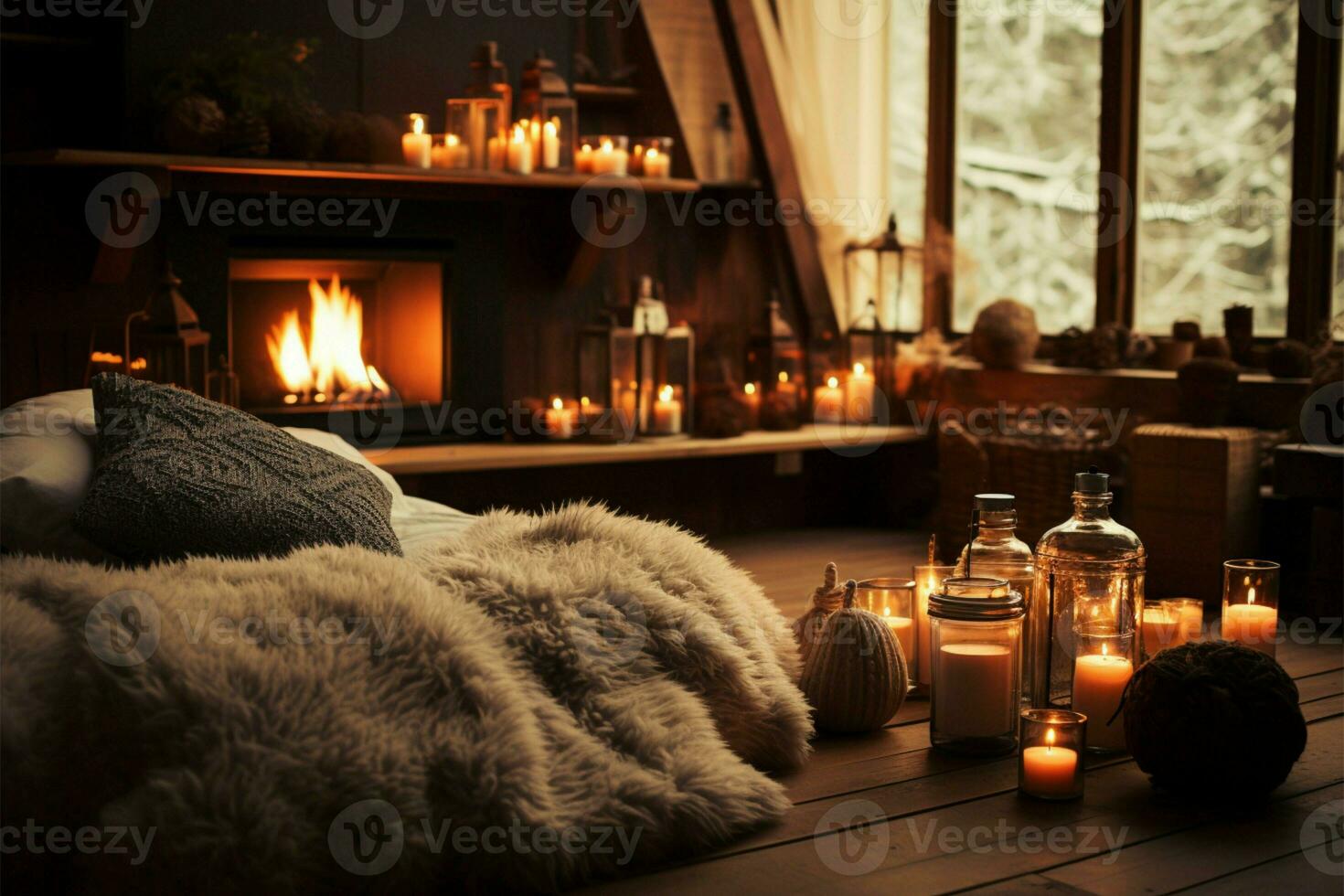 Hygge ambiance a room with cozy warmth, candles, and relaxation AI Generated photo