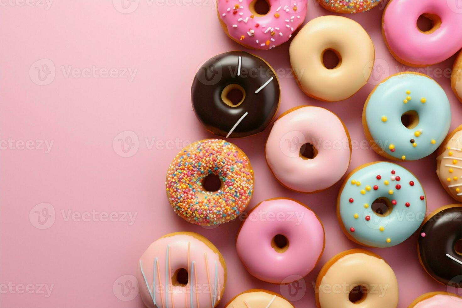 Assorted donuts in a minimalistic top view pattern on brown AI Generated photo