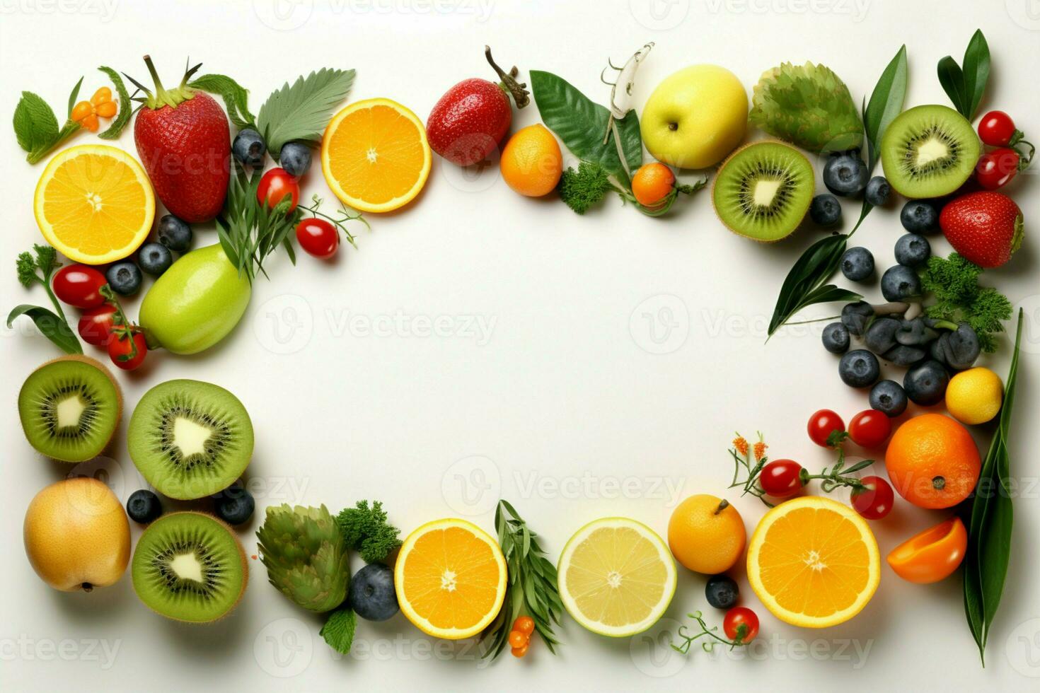 AI generated fruit and vegetable picture frame on a vibrant white backdrop AI Generated photo