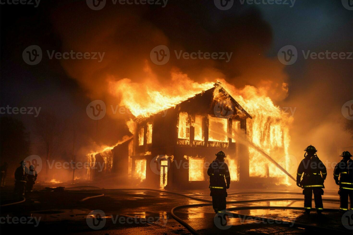 bomberos trabajo juntos a extinguir un flameante casa ai generado foto