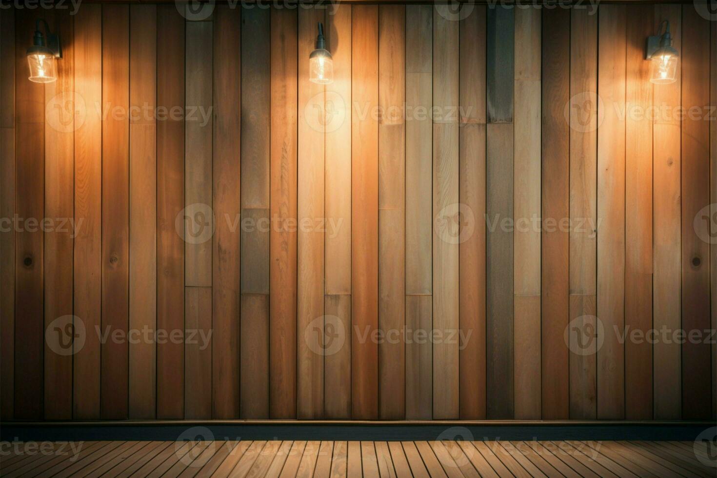 A wooden wall gains prominence with the spotlights illumination AI Generated photo