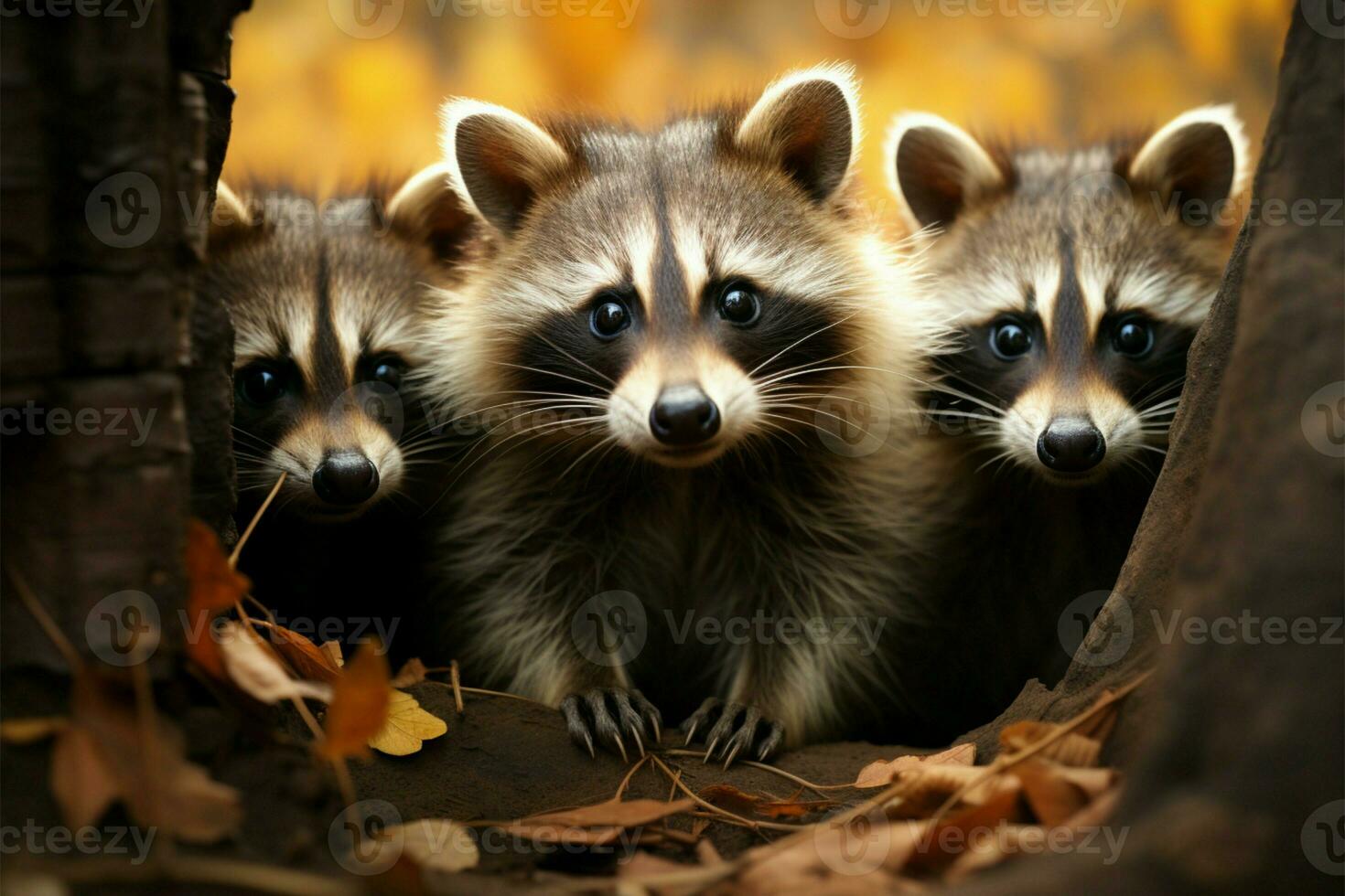 Amidst the trees, funny raccoons liven up the autumn forest AI Generated photo