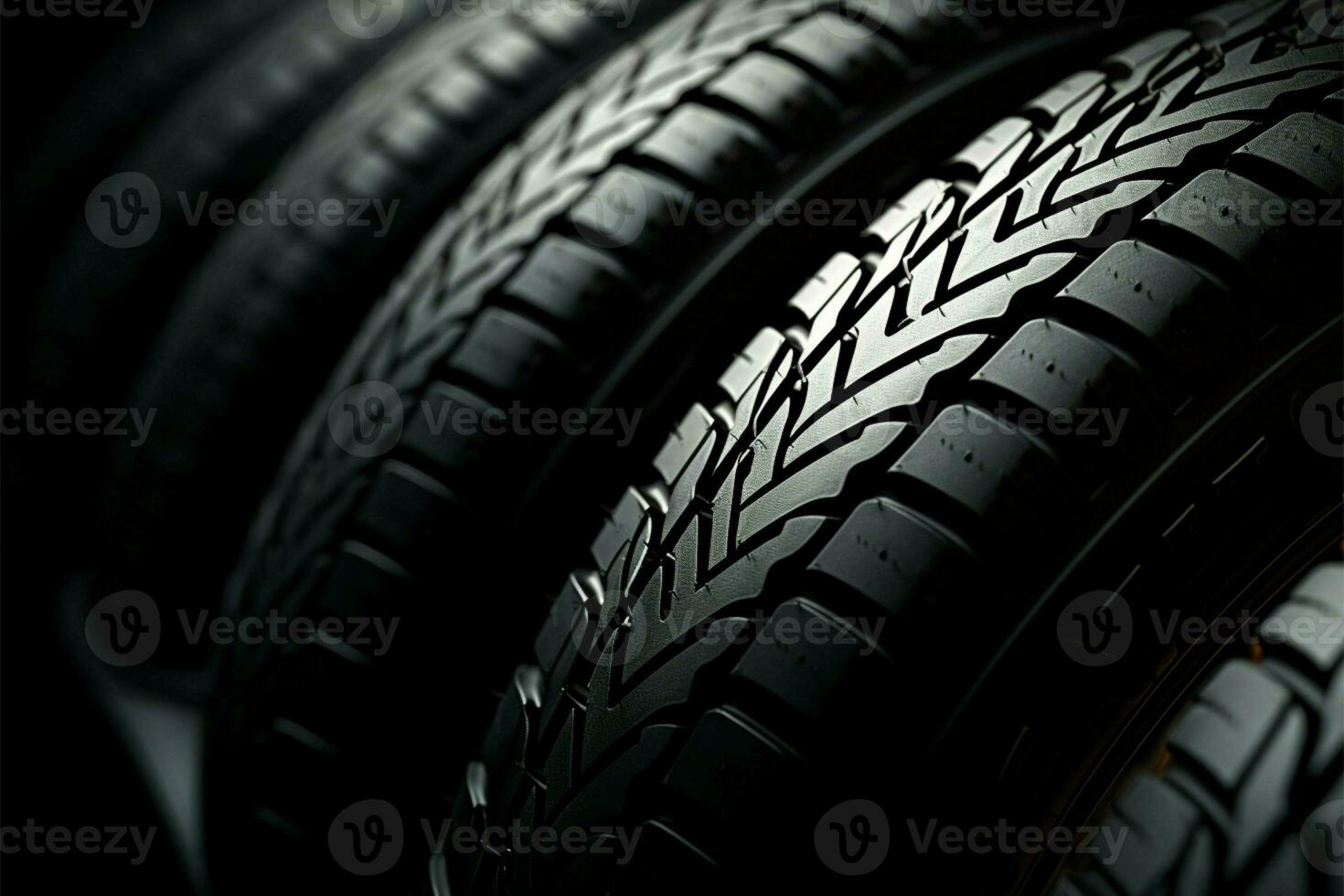 Car tires stacked in abstract arrangement, showcasing tread diversity AI Generated photo