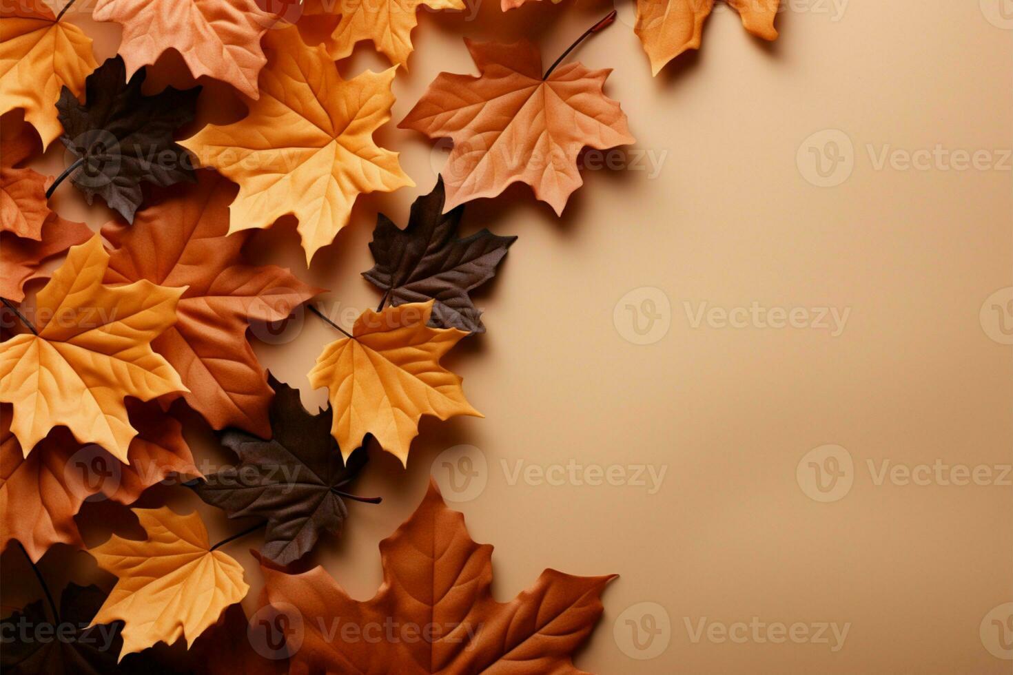 Autumn leaves in a top down pattern on a soft brown background AI Generated photo