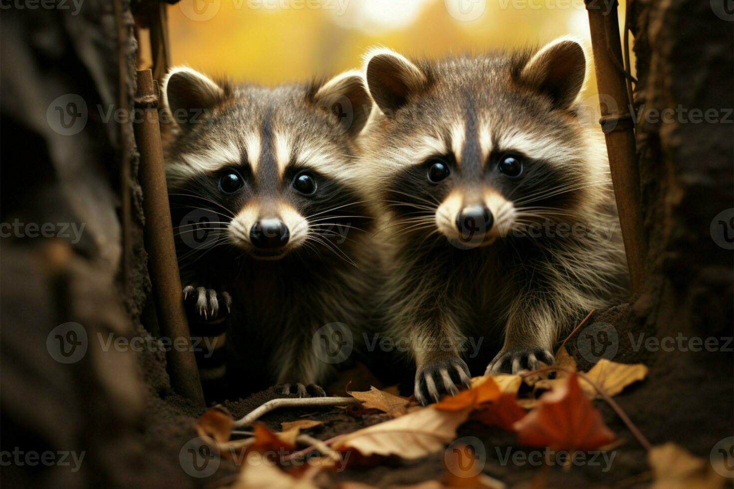 Autumn forest teems with funny raccoons, a bustling animal world AI Generated photo