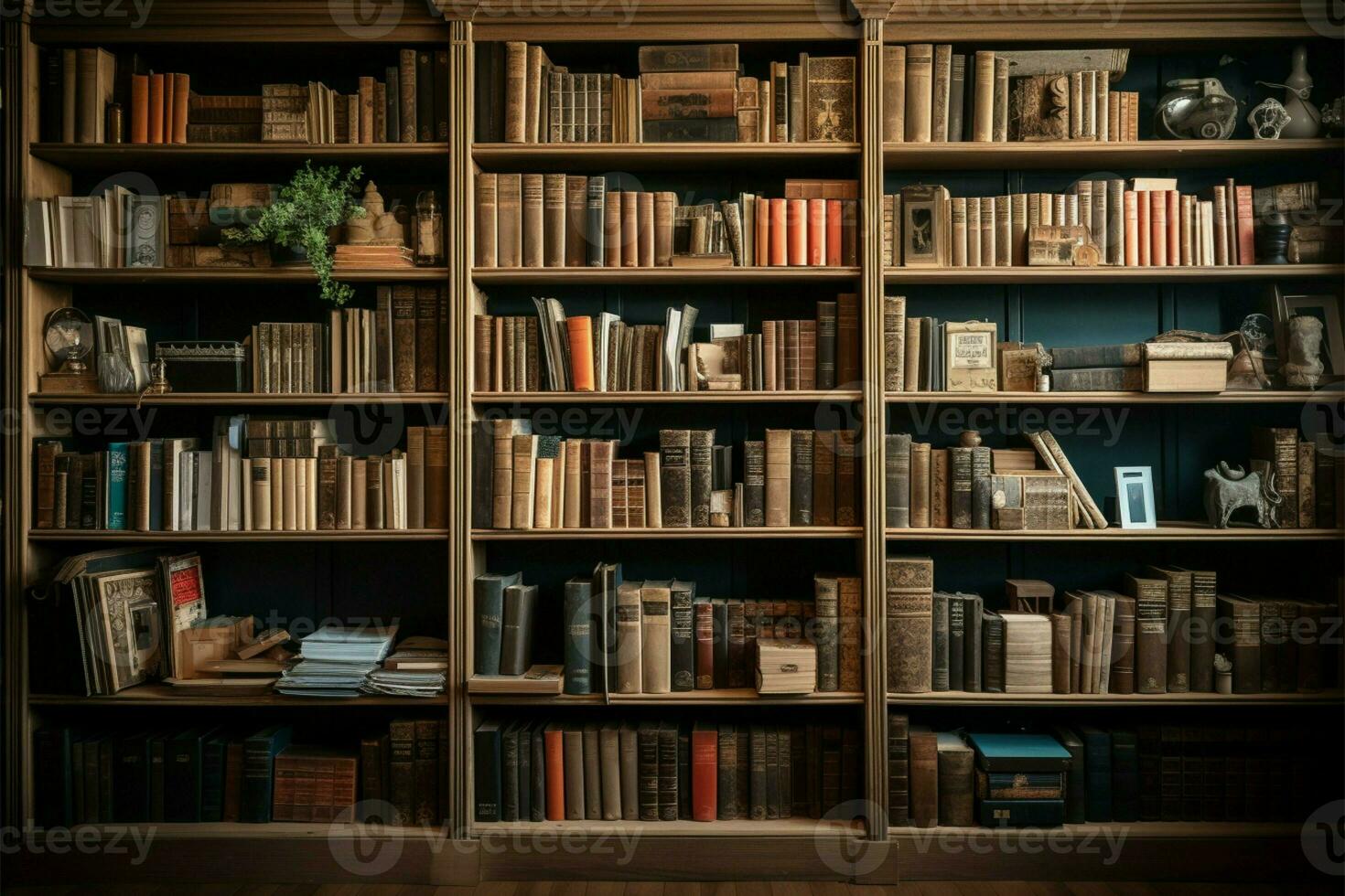 A bountiful collection of old fashioned books on a massive wooden bookshelf AI Generated photo