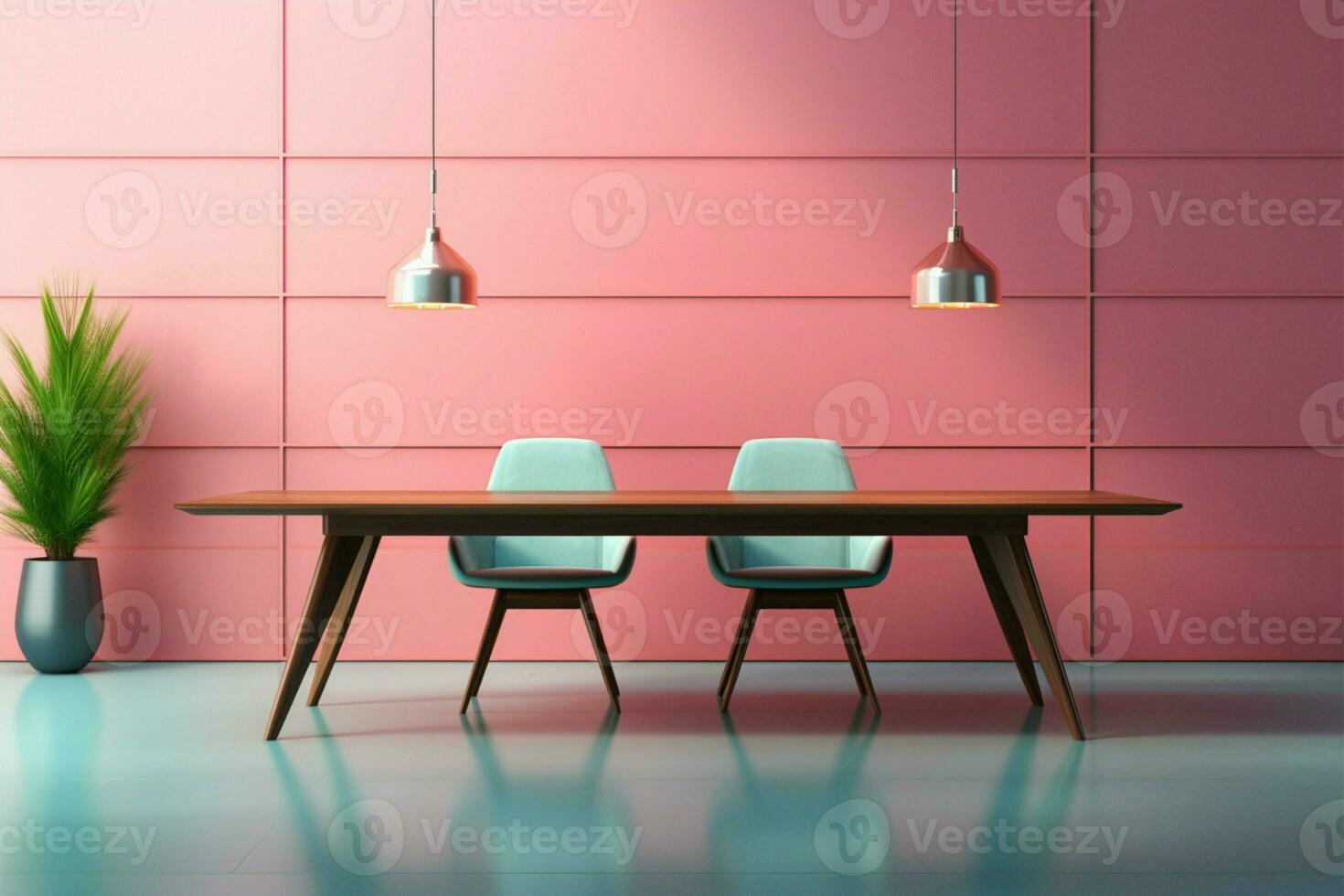 A futuristic dining table, text space, and a clean pastel wall AI Generated photo