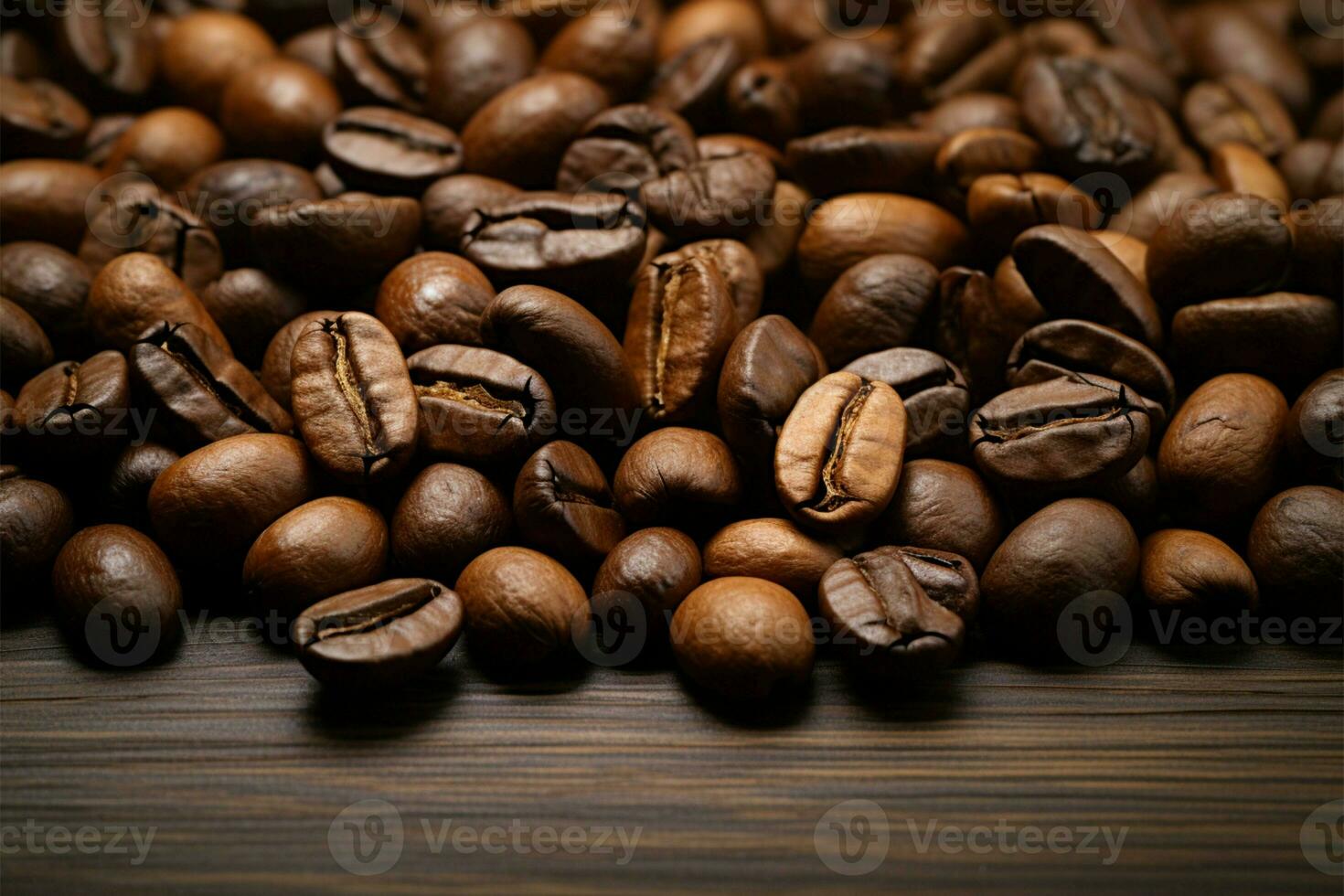 A detailed view of coffee beans on a rustic wood surface AI Generated photo
