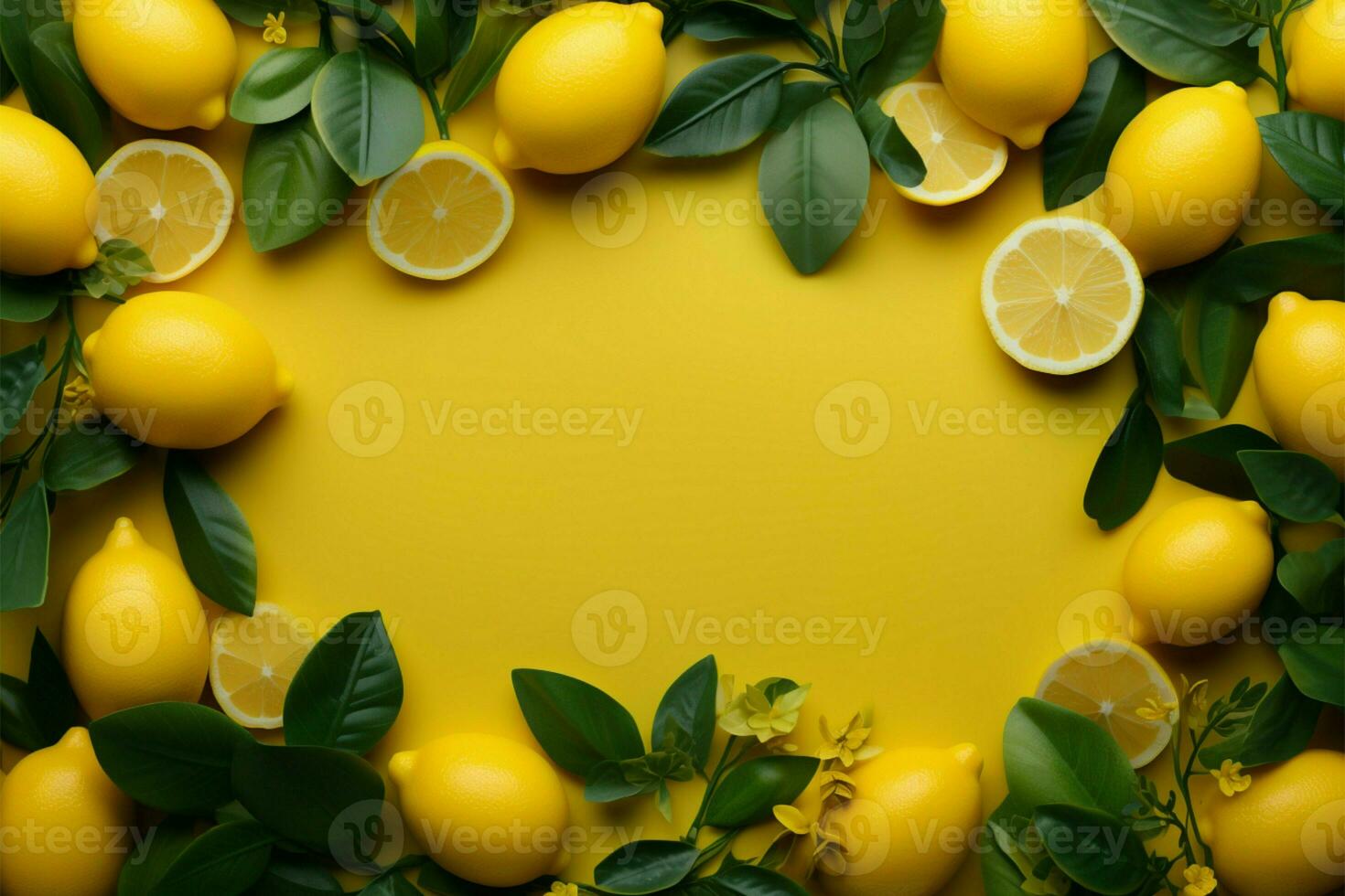 A picture frame crafted with lemons, soft yellow matte, vibrant AI Generated photo