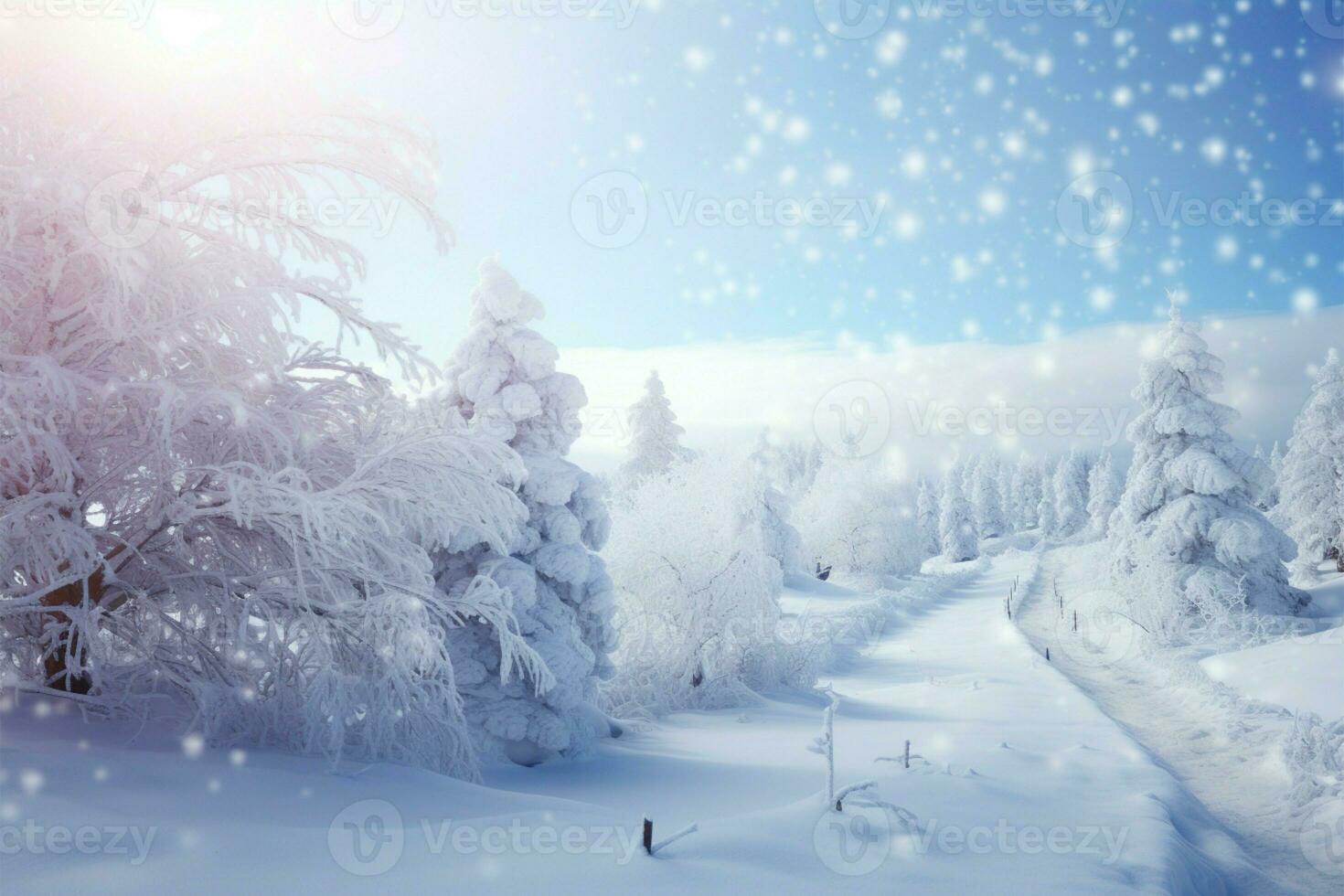 Winter landscape adorned with hoarfrost, featuring trees and a snowy fence AI Generated photo