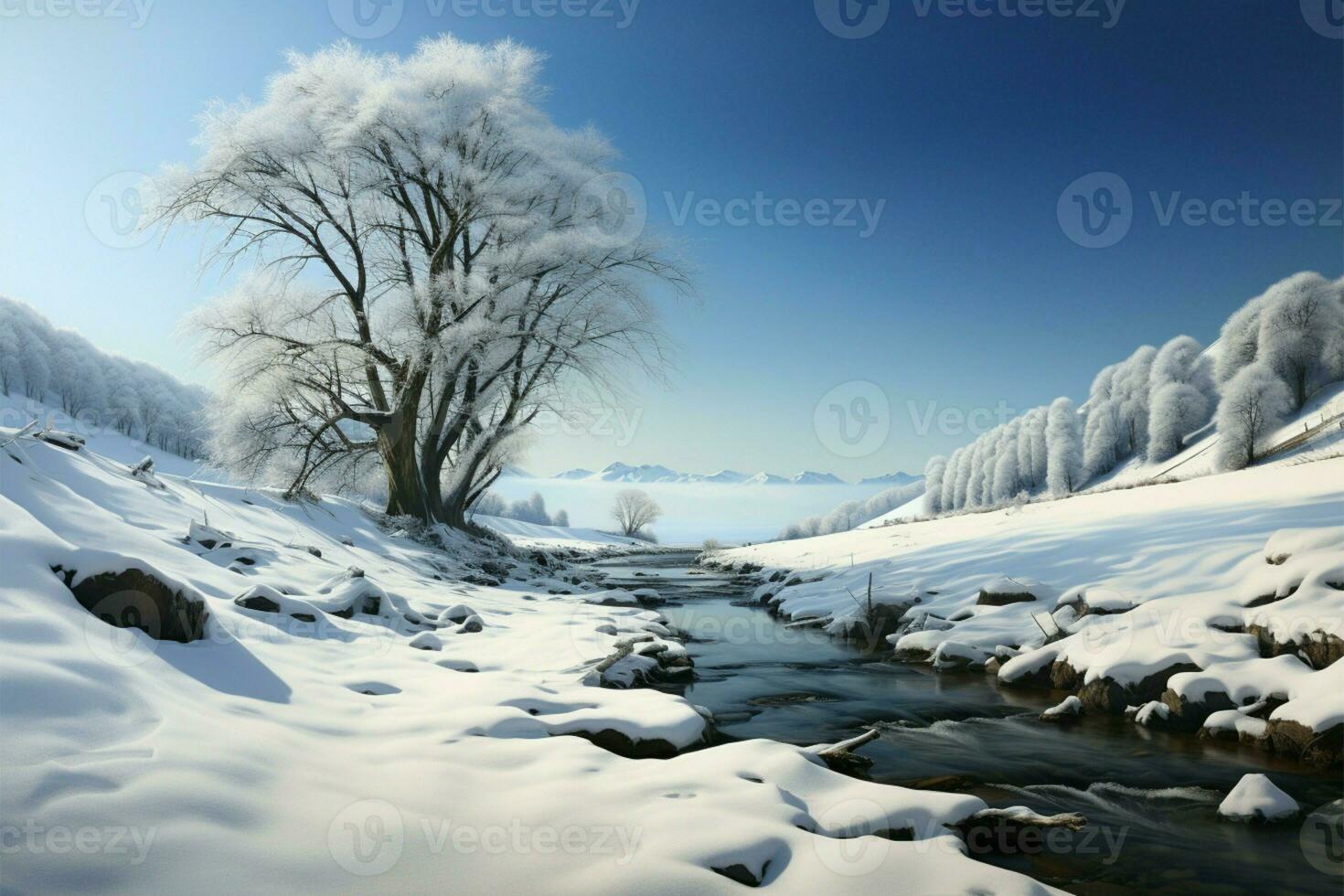 The winter scene is adorned by a serene, meandering snowy path AI Generated photo