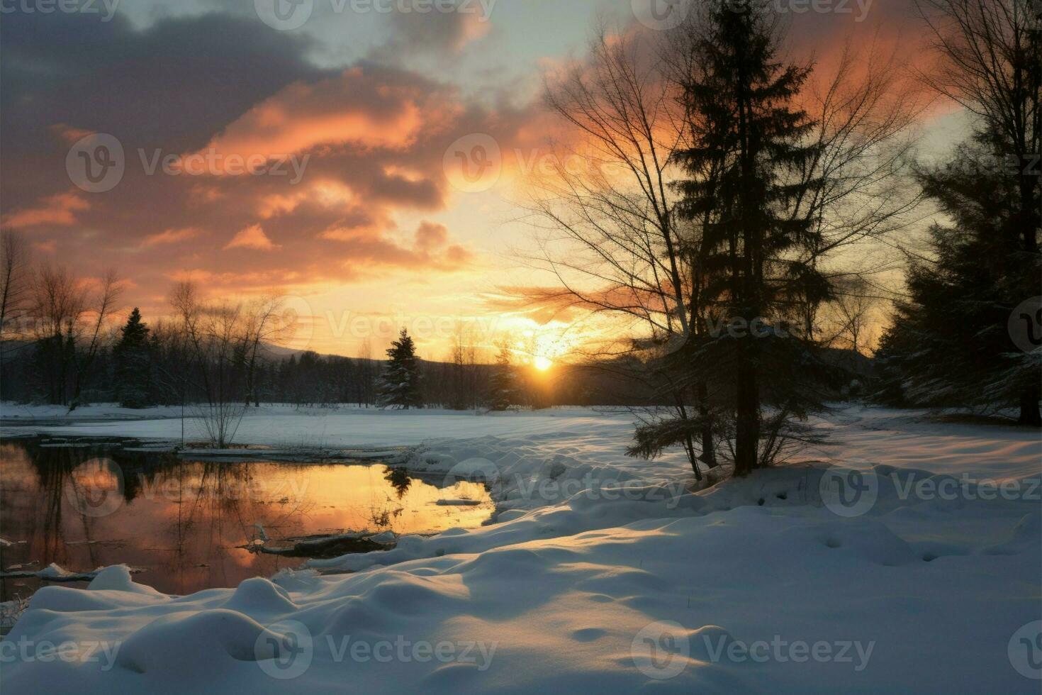 The sun sets, casting a warm glow on the wintry scenery AI Generated photo