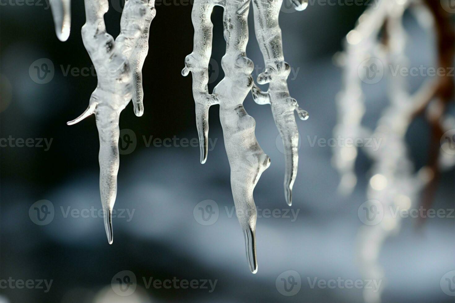 Tree branches adorned with glistening icicles, a winter spectacle AI Generated photo