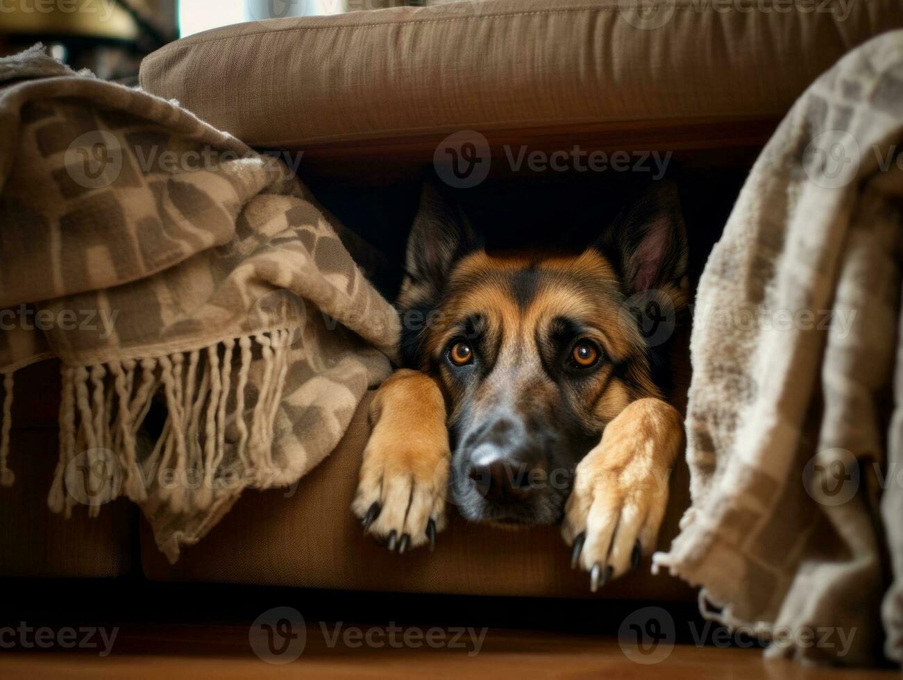 Mischievous dog peeking out from a cozy blanket fort AI Generative photo