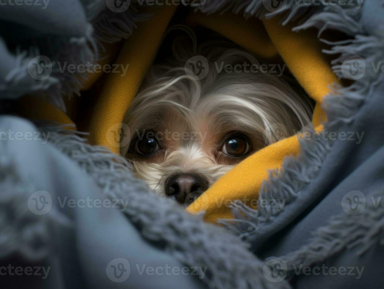Mischievous dog peeking out from a cozy blanket fort AI Generative photo