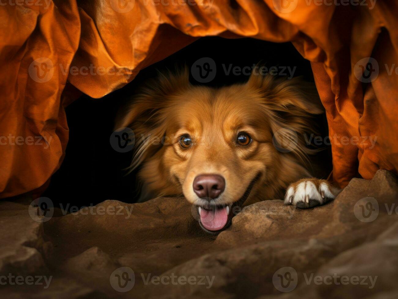 Mischievous dog peeking out from a cozy blanket fort AI Generative photo