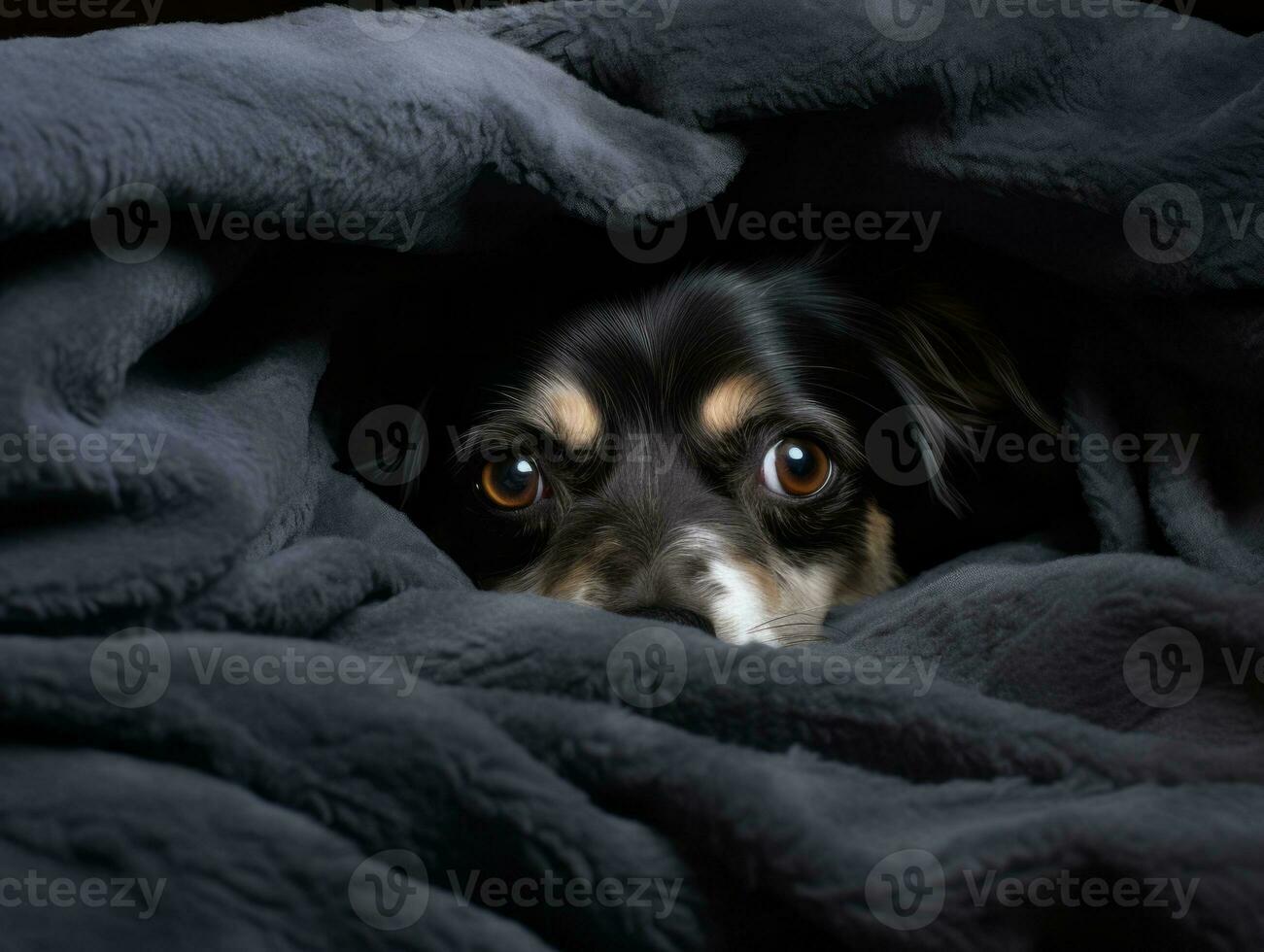 Mischievous dog peeking out from a cozy blanket fort AI Generative photo