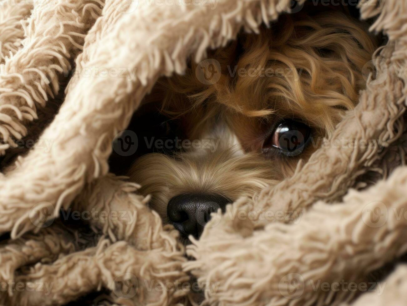 Mischievous dog peeking out from a cozy blanket fort AI Generative photo