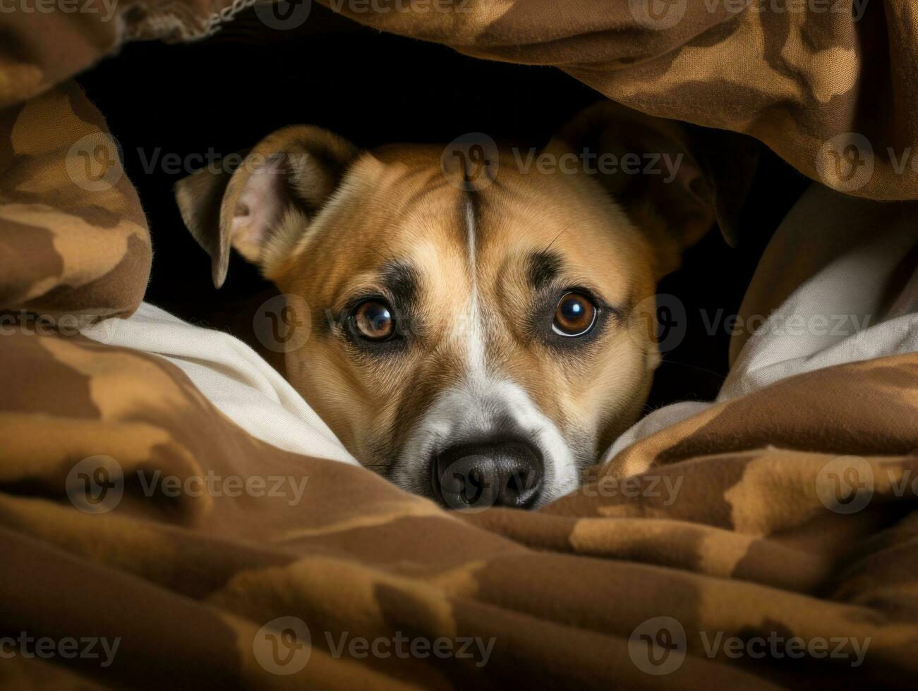 Mischievous dog peeking out from a cozy blanket fort AI Generative photo